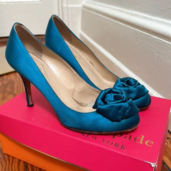 Kate Spade Kamille Teal Satin Heels - Picture 2 of 8